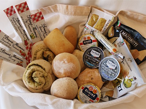 3343 - Section of breads, high quality butters and European jam sachets